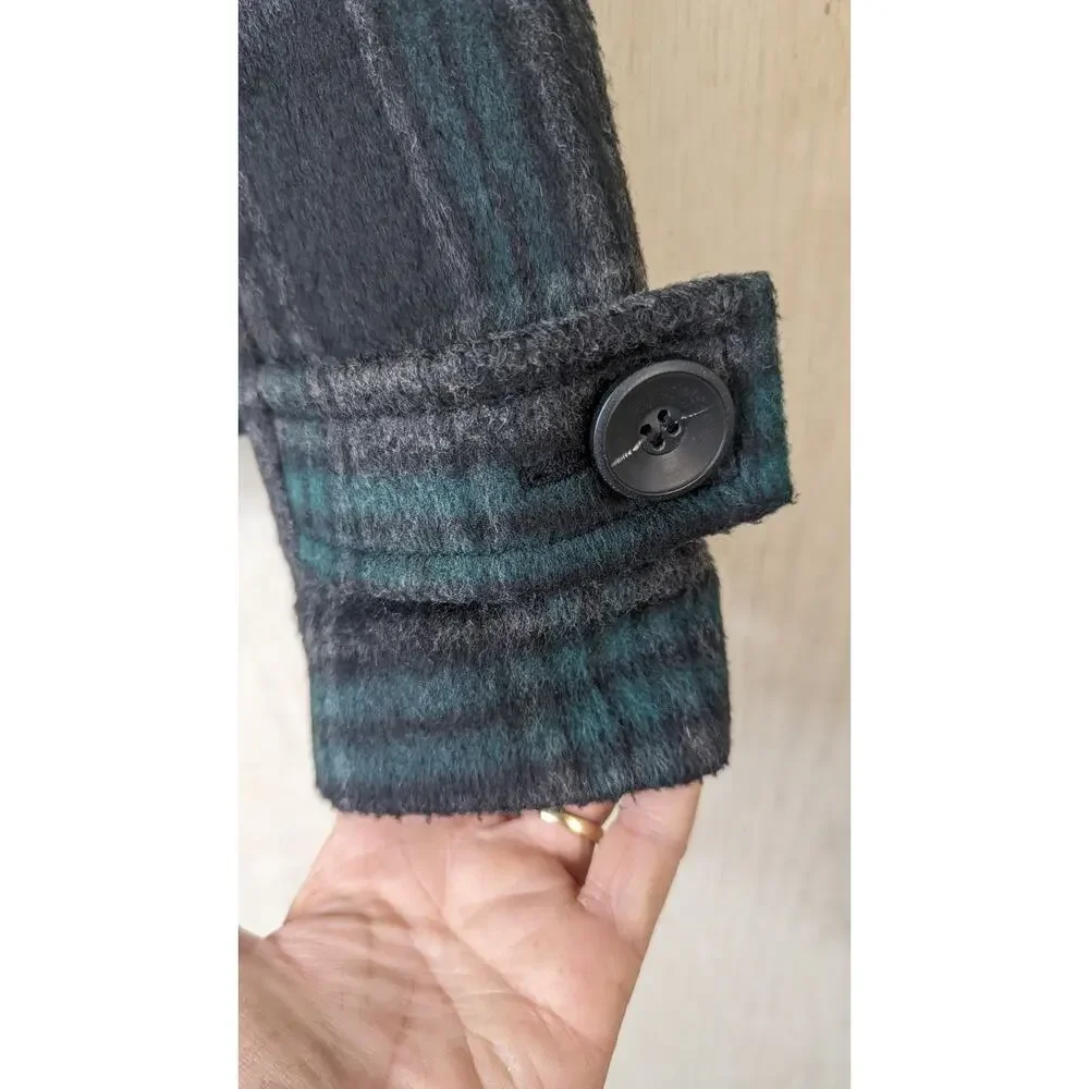 Hinge Wool Blend hooded jacket black green Tartan Plaid xsmall - Picture 6 of 13
